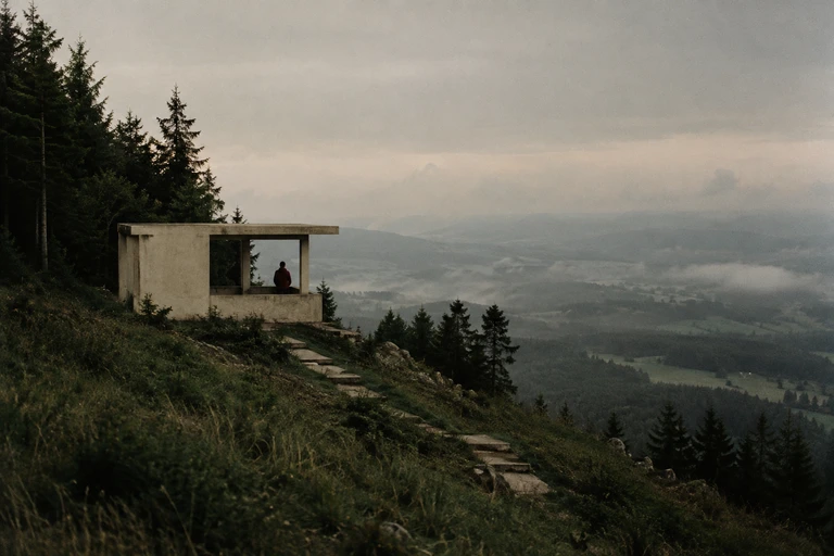 One person in a concrete observation shelter above a misty green valley